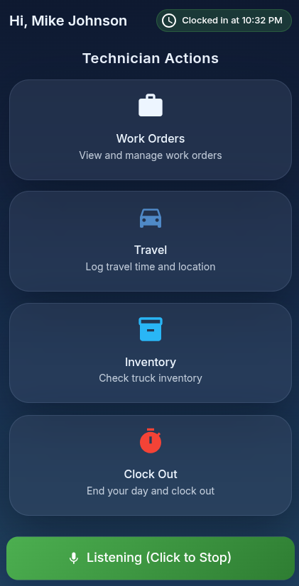 AI Technician Workflow mobile app — voice agent active, hands-free mode