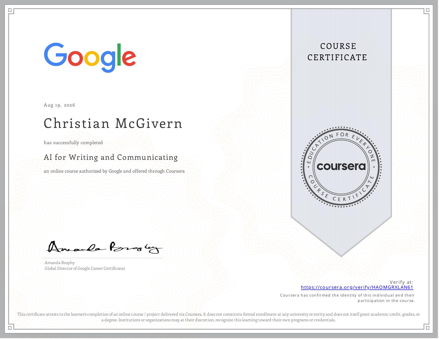AI for Writing and Communicating certificate